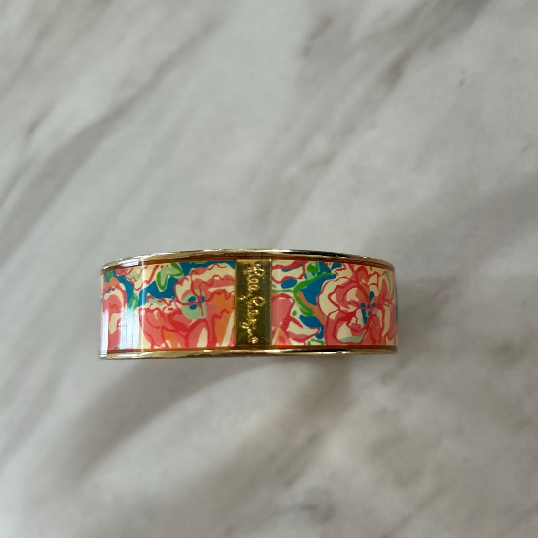Lilly Pulitzer Gold Tone Pink Floral Enamel Bangle 2.5 Inch Diameter